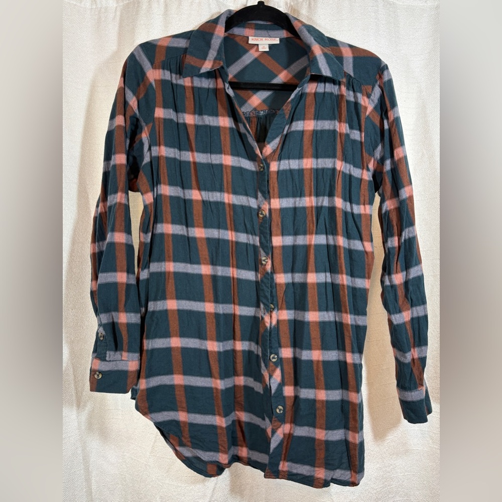 Knox Rose Teal and Coral Plaid Flannel Shirt